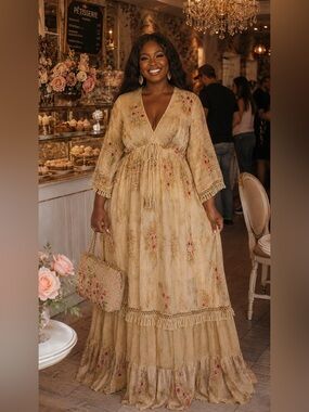 NWT Romantic Golden Champagne Butterfly Sleeve Maxi Dress